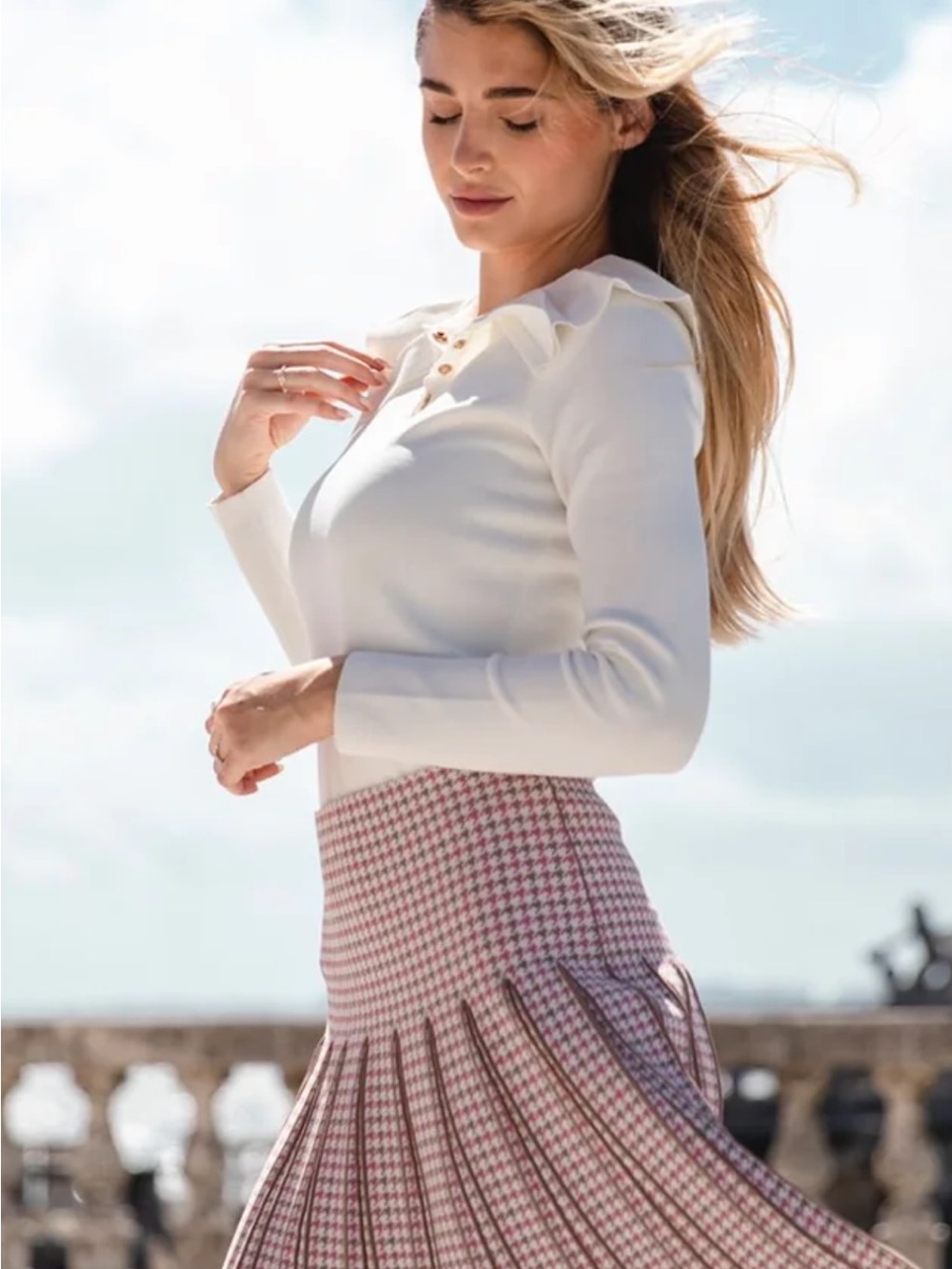 ALEEZA PARIS Pleated Houndstooth Skirt - Pink Houndstooth